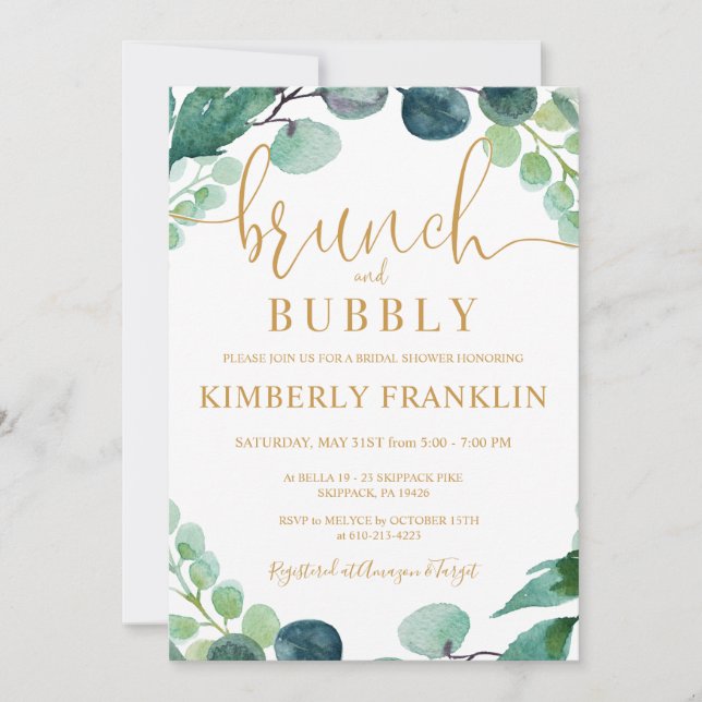 Invitación Eucalyptus Greenery Brunch & Bubbly Bridal Shower (Anverso)