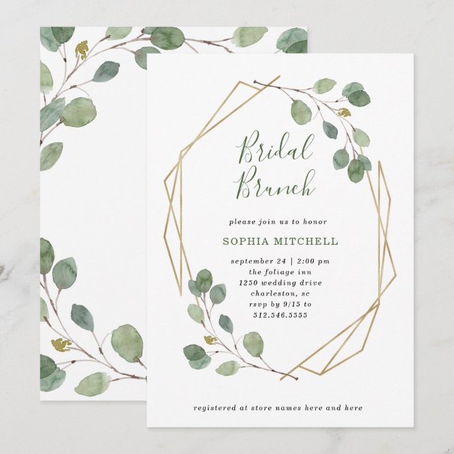 Invitación Eucalyptus Greenery | Brunch de novia geométrica (Anverso / Reverso)