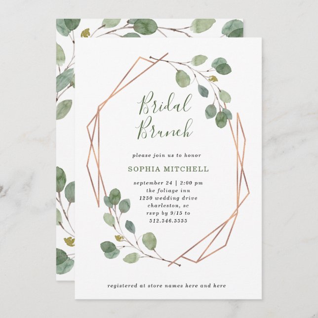 Invitación Eucalyptus Greenery | Brunch Rosa Gold Geo Bridal (Anverso / Reverso)