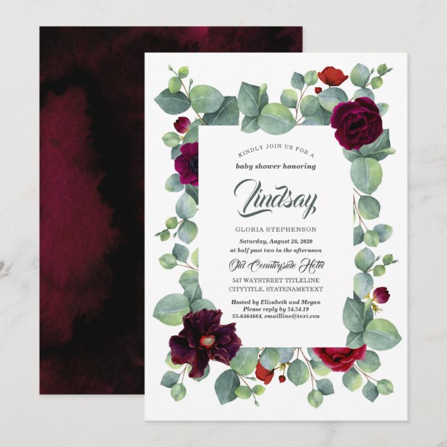 Invitación Eucalyptus Greenery Burgundy Floral Baby Shower (Anverso / Reverso)