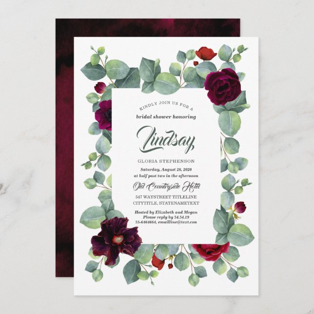 Invitación Eucalyptus Greenery Burgundy Floral Bridal Shower (Anverso / Reverso)