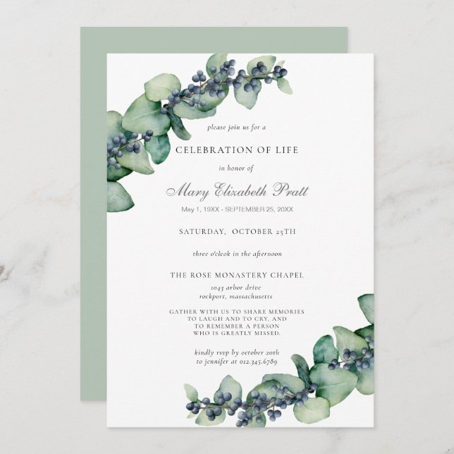 Invitación Eucalyptus Greenery Celebración de la Vida (Anverso / Reverso)
