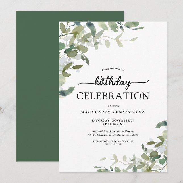 Invitación Eucalyptus Greenery Celebración del Cumpleaños (Anverso / Reverso)