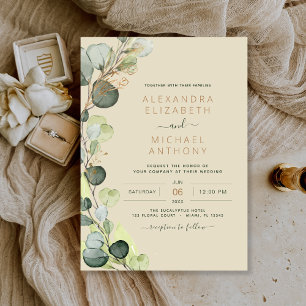 Invitación Eucalyptus Greenery Champagne Boda Beige Gold