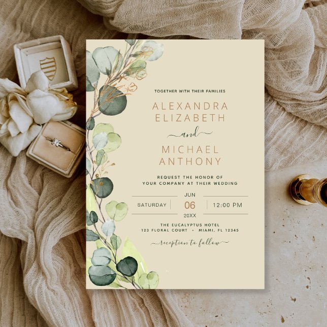 Invitación Eucalyptus Greenery Champagne Boda Beige Gold (Subido por el creador)