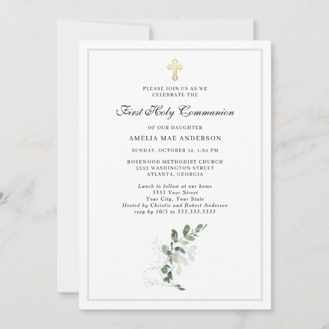 Invitación Eucalyptus Greenery Cross First Holy Communia (Anverso)