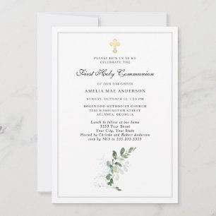Invitación Eucalyptus Greenery Cross First Holy Communia