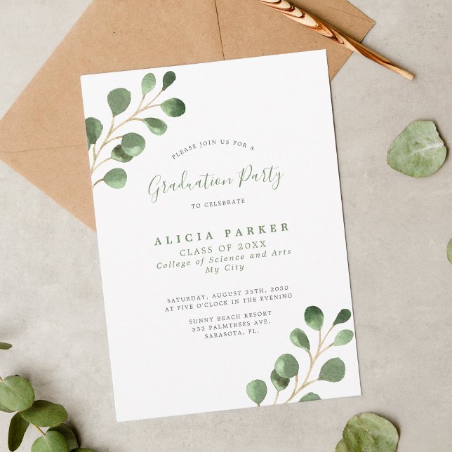 Invitación Eucalyptus greenery deja la fiesta de graduación (Subido por el creador)