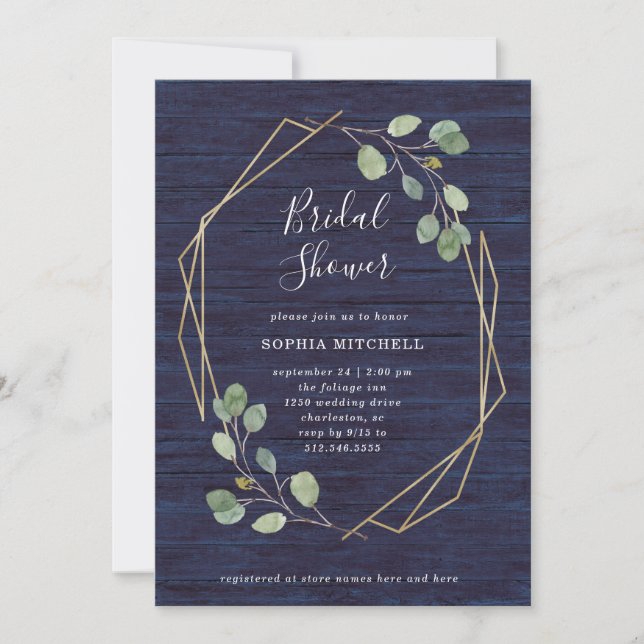 Invitación Eucalyptus Greenery | Ducha nupcial de Navy Wood G (Anverso)