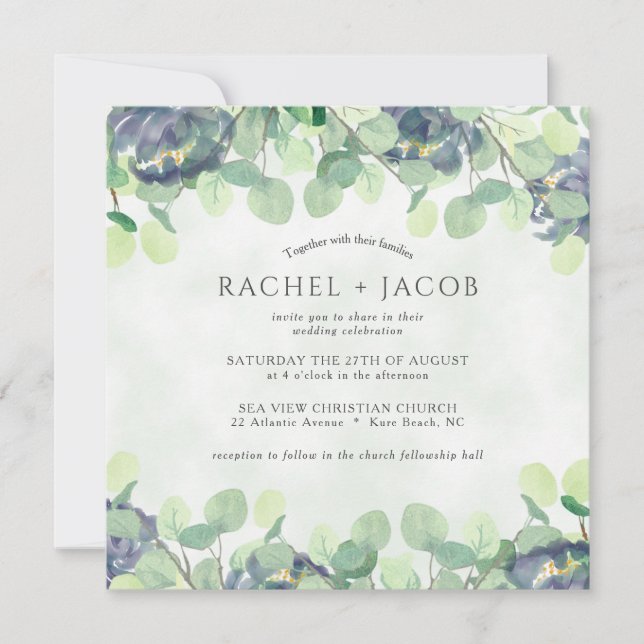 Invitación Eucalyptus Greenery Dusty Blue Floral Boda (Anverso)