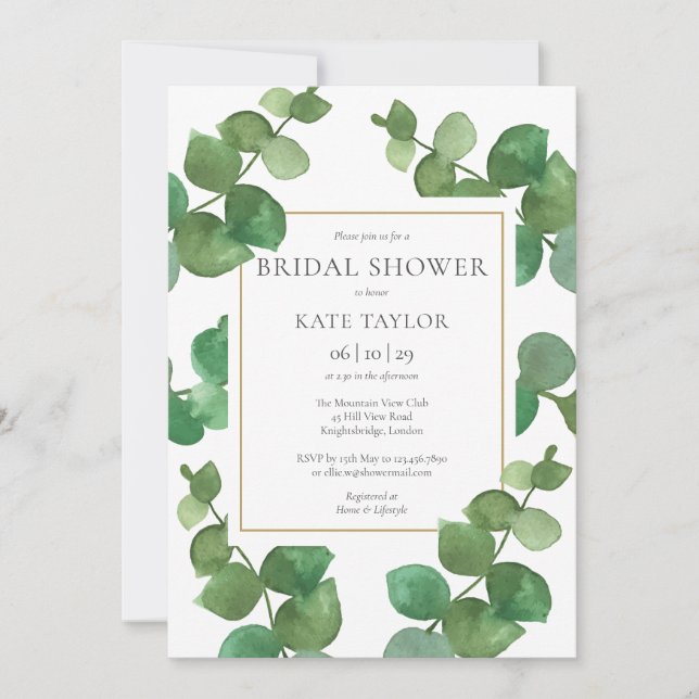 Invitación Eucalyptus Greenery Elegant Gold Bridal Shower (Anverso)