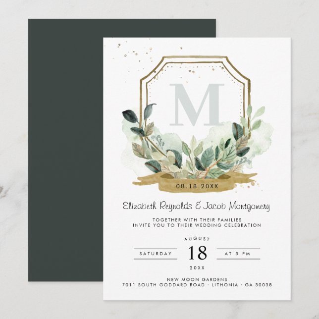 Invitación Eucalyptus Greenery Elegant Gold Escudo Boda (Anverso / Reverso)