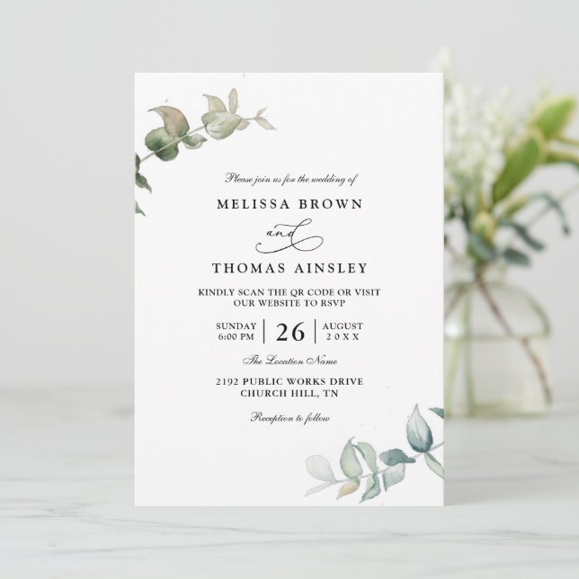 Invitación Eucalyptus Greenery Elegant Modern QR Code Wedding (Anverso de pie)