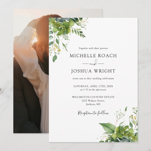 Invitación Eucalyptus Greenery Elegant Photo Boda (Anverso / Reverso)