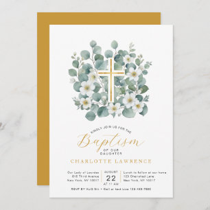 Invitación Eucalyptus Greenery Elegante Baptismo Cruzado