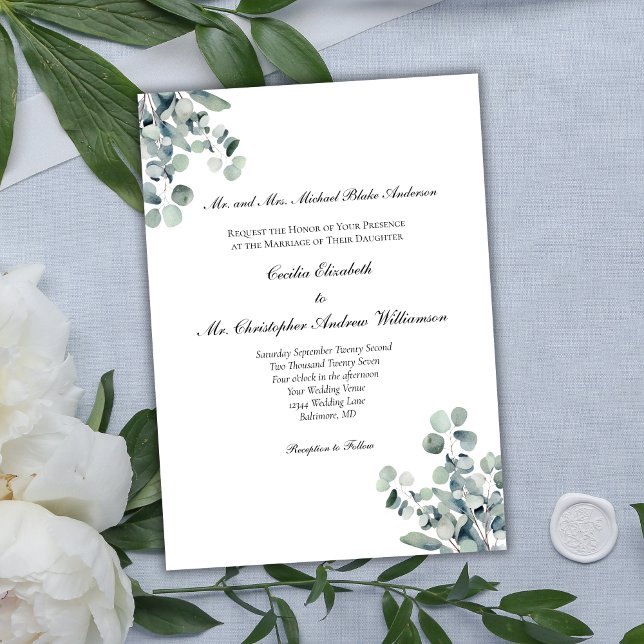 Invitación Eucalyptus Greenery Elegante Boda de palabras form (Eucalyptus Greenery Botanical Formal Traditional Wording Wedding Invitation)