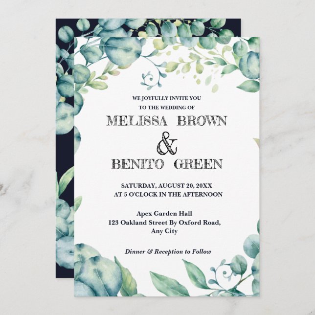 Invitación Eucalyptus Greenery Elegante Boda Floral (Anverso / Reverso)
