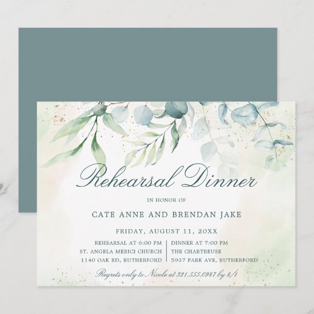 Invitación Eucalyptus Greenery Elegante cena de ensayo (Anverso / Reverso)