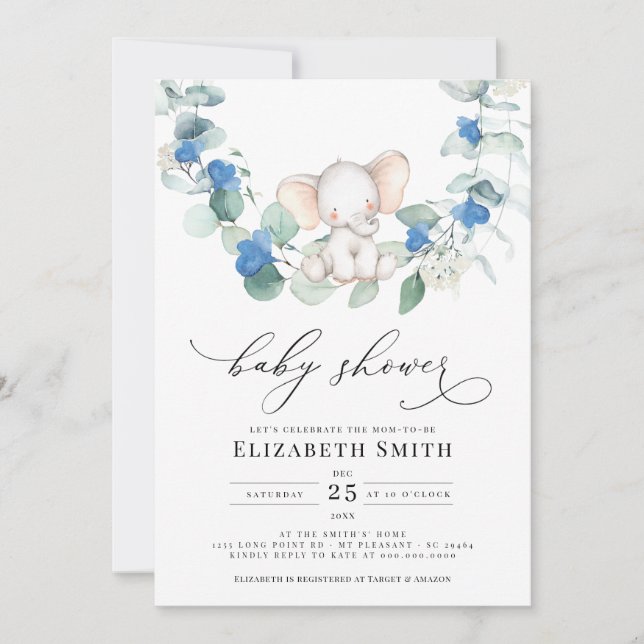 Invitación Eucalyptus Greenery Elephant Blue Baby Boy Shower (Anverso)
