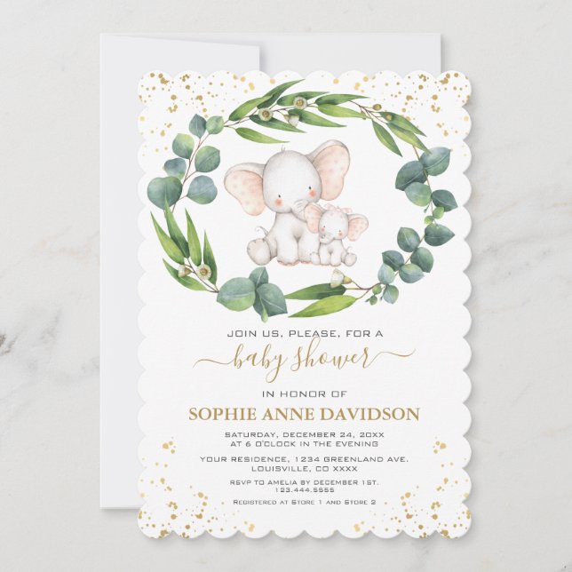 Invitación Eucalyptus Greenery Elephant Chica Baby Shower (Anverso)