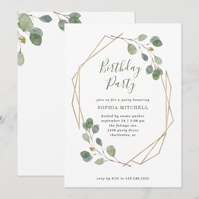Invitación Eucalyptus Greenery | Fiesta de cumpleaños geométr (Anverso / Reverso)
