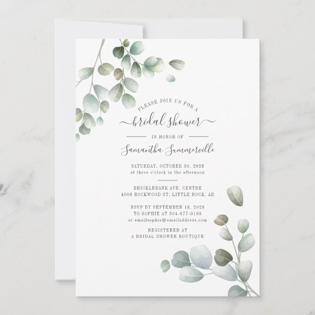 Invitación Eucalyptus Greenery Floral Script Bridal Shower (Anverso)