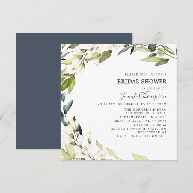 Invitación Eucalyptus Greenery Flores Blancas Ducha Bridal (Anverso / Reverso)