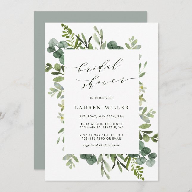 Invitación Eucalyptus Greenery Foliage Bridal Shower (Anverso / Reverso)
