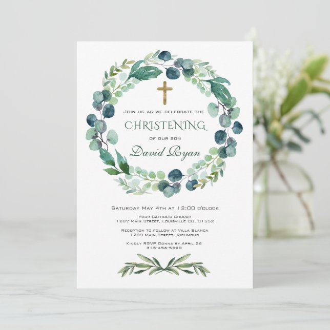 Invitación Eucalyptus Greenery Foliage Wreath Christening (Anverso de pie)