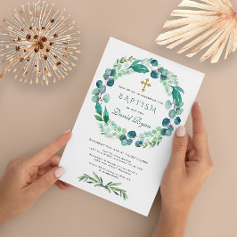 Invitación Eucalyptus Greenery Foliage Wreath Cross Baptism