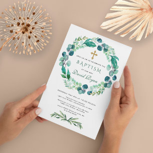 Invitación Eucalyptus Greenery Foliage Wreath Cross Baptism