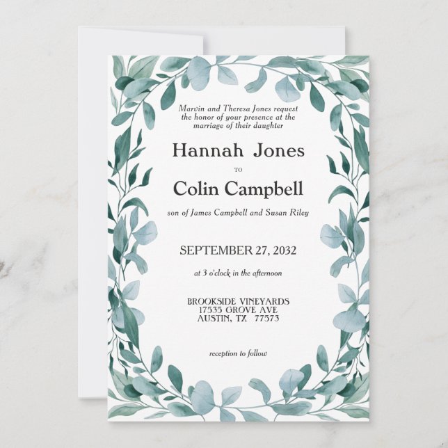Invitación Eucalyptus Greenery Frame Green Blue Boda (Anverso)