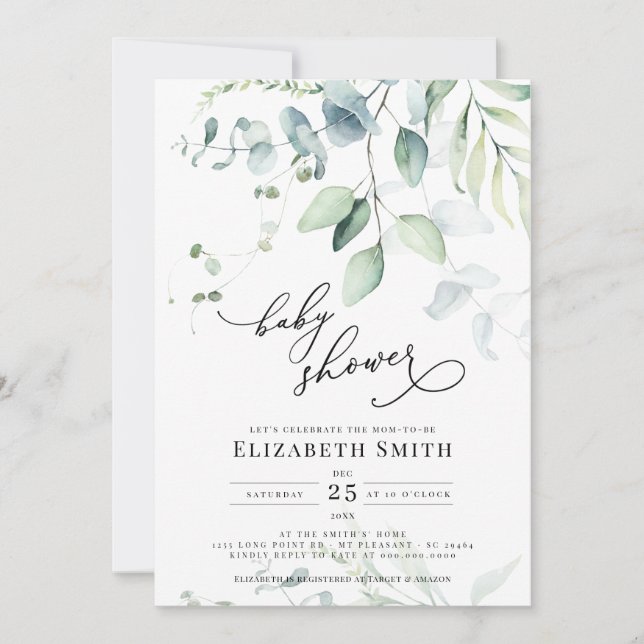 Invitación Eucalyptus Greenery Género Baby Shower Neutral (Anverso)