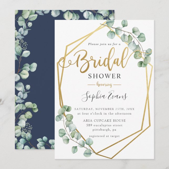 Invitación Eucalyptus Greenery Geometric Gold Bridal Shower (Anverso / Reverso)