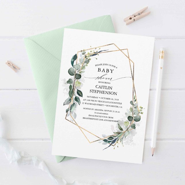 Invitación Eucalyptus Greenery Geometric Modern Baby Shower (Eucalyptus Leaves Baby Shower Invitations)