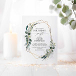 Invitación Eucalyptus Greenery Geometric Modern Birthday<br><div class="desc">Marco geométrico de oro y agua exuberante eucalipto botánico verde invitaciones de cumpleaños.</div>