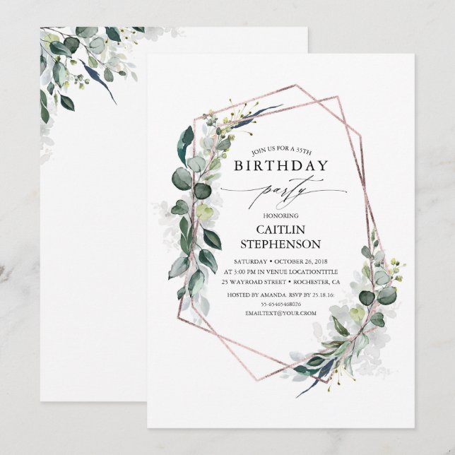 Invitación Eucalyptus Greenery Geometric Modern Birthday (Anverso / Reverso)
