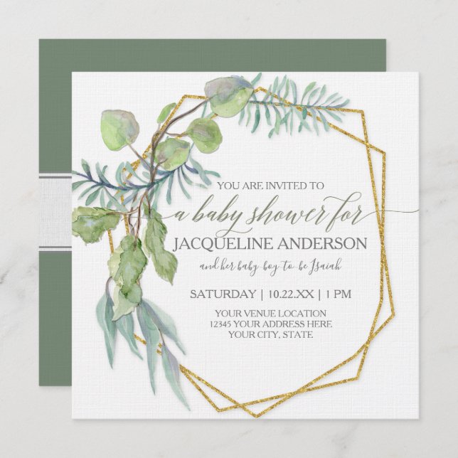 Invitación Eucalyptus Greenery Geometric Wreath Baby Shower (Anverso / Reverso)