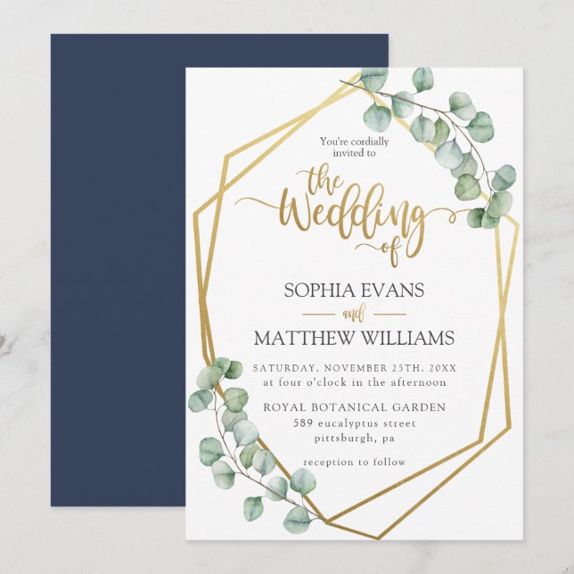 Invitación Eucalyptus Greenery Geométrico Gold Frame Boda (Anverso / Reverso)
