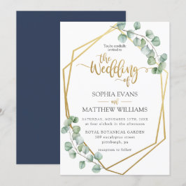 Invitación Eucalyptus Greenery Geométrico Gold Frame Boda