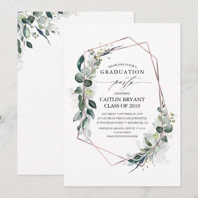 Invitación Eucalyptus Greenery Geométrico Rosa Graduación de  (Anverso / Reverso)