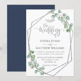 Invitación Eucalyptus Greenery Geométrico Silver Frame Boda