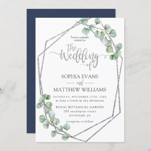 Invitación Eucalyptus Greenery Geométrico Silver Frame Boda