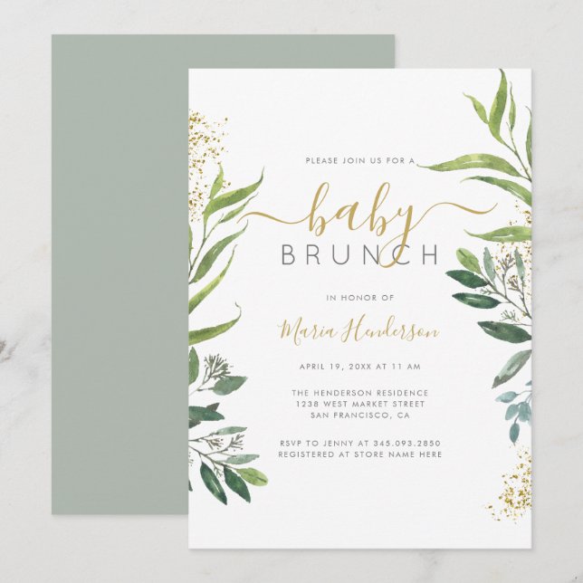 Invitación Eucalyptus Greenery & Gold Baby Shower Brunch (Anverso / Reverso)