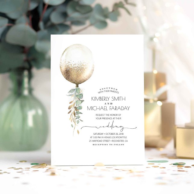 Invitación Eucalyptus Greenery Gold Balloon Elegant Wedding (Greenery Balloon Minimalist Wedding Invitations)