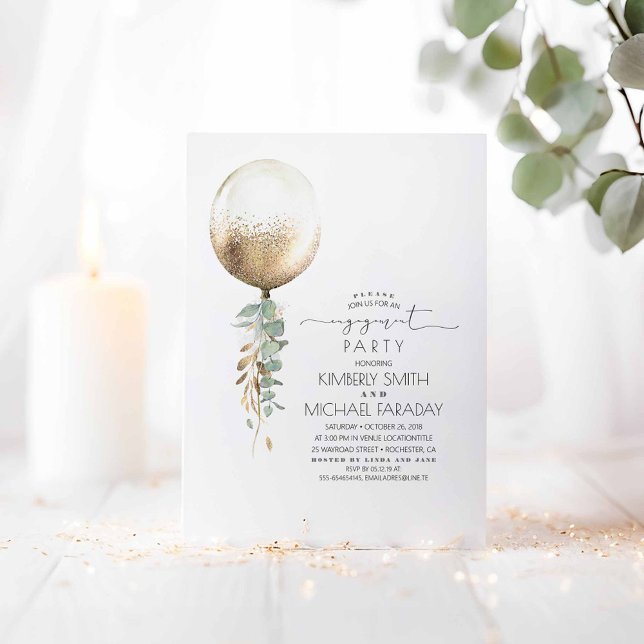 Invitación Eucalyptus Greenery Gold Balloon Engagement (Gold Balloon and Greenery Engagement Party Invitations)