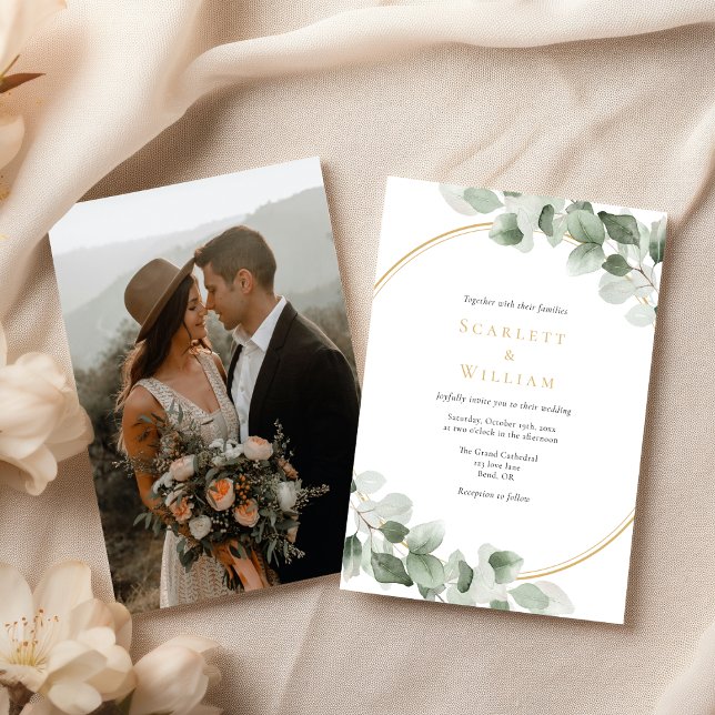 Invitación Eucalyptus Greenery Gold Boda de fotografía simple (Subido por el creador)