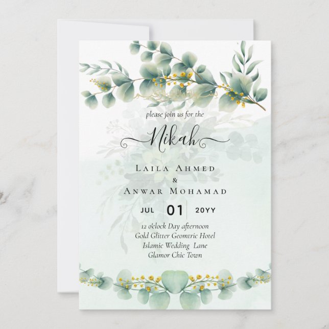 Invitación Eucalyptus Greenery Gold BODA QR CÓDIGO moderno (Anverso)