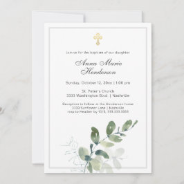 Invitación Eucalyptus Greenery Gold Cross Baptism