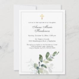 Invitación Eucalyptus Greenery Gold Cross Baptism